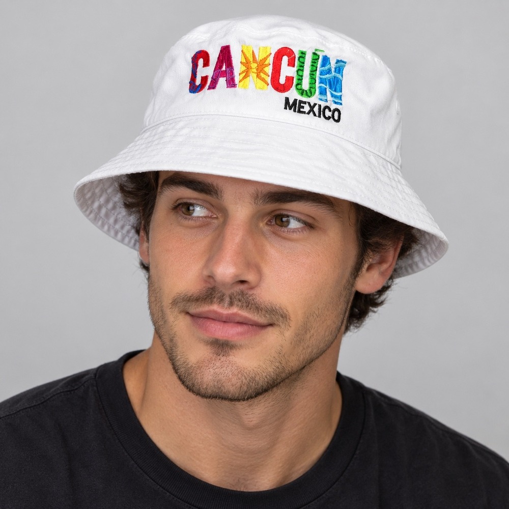 Cancun Mexico Bucket Hat Adult One Size White Souvenir Embroidered Sun Beach Hat